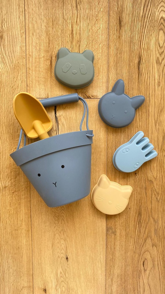 Set de balde con pala y moldes gris/celeste Hopping