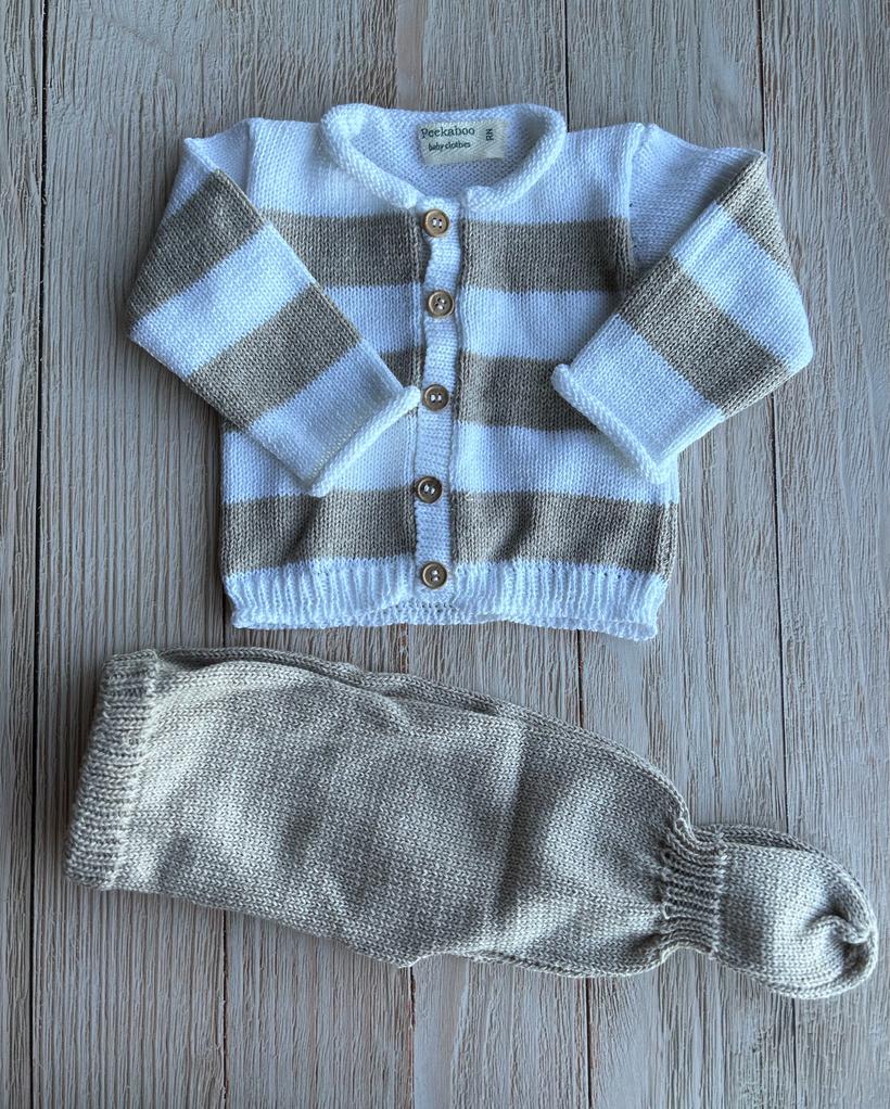 Set batita  y pelele hilo rayado beige RN Peekaboo