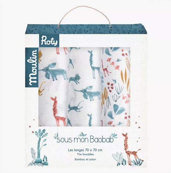 Set Of 3 Muslin Squares (Blue/Giraffe/Animals) Sous Mon Baob