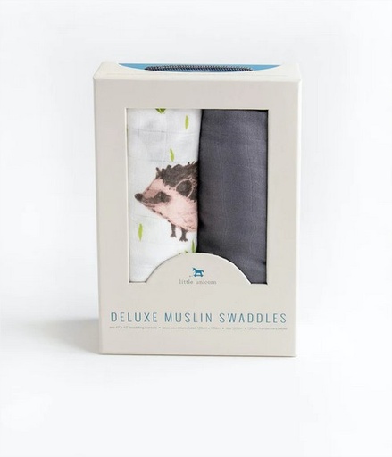 [UB0412] Deluxe Muslin Swaddle x2  - Charcoal Hedgehog Little Unicorn