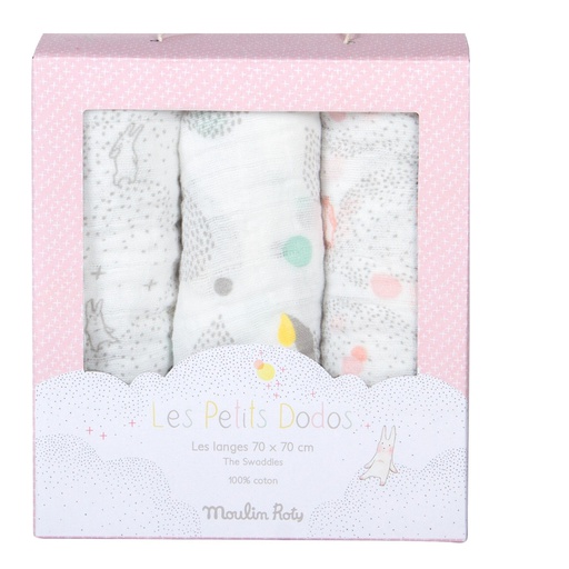 [663292] Muselinas (Gris/Blanco/Rosa) Petits Dodos Moulin Roty