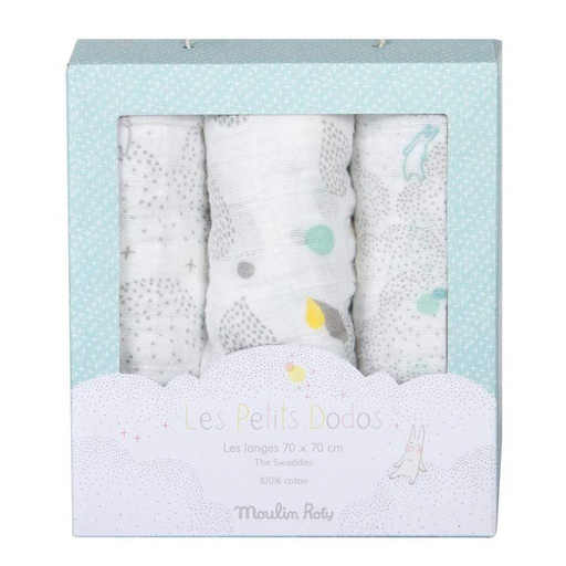 [663293] Muselinas (Gris/Blanco/Azul) Petits Dodos Moulin Roty